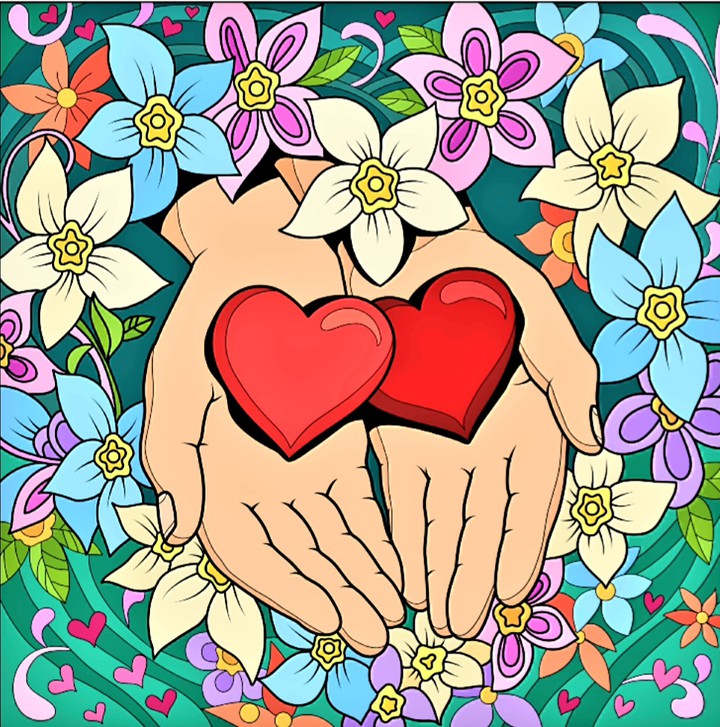 Hand mit Herz und Blumen