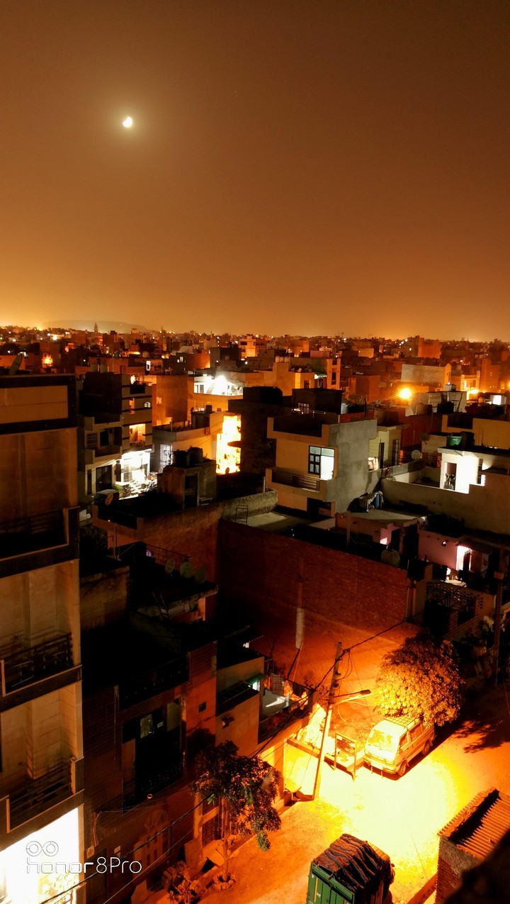night, moon, city, buildings, lights