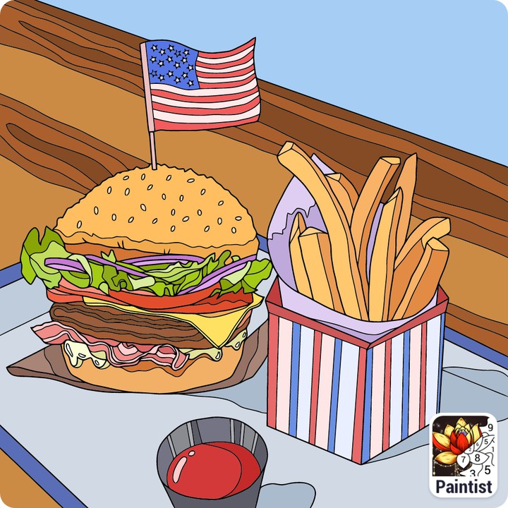 hamburguesa, patatas fritas y kepchup
