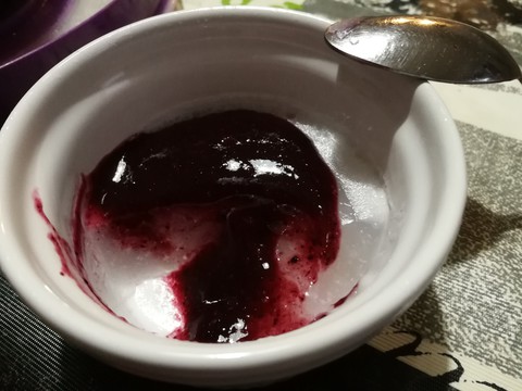 rice dessert and blueberry compote