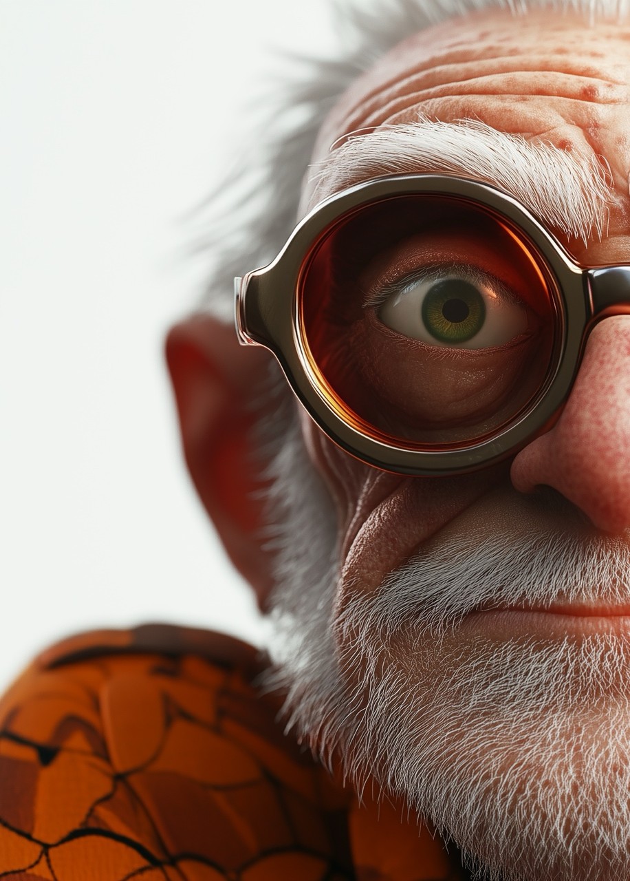 Close up portrait of a funny elderly male character with big eyes, round dark glasses, and a white b