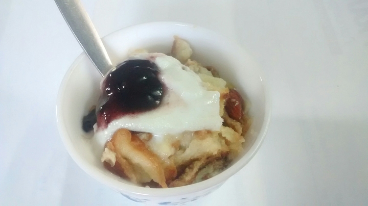 Bread pudding, Cream, Berry jam yummmm.........