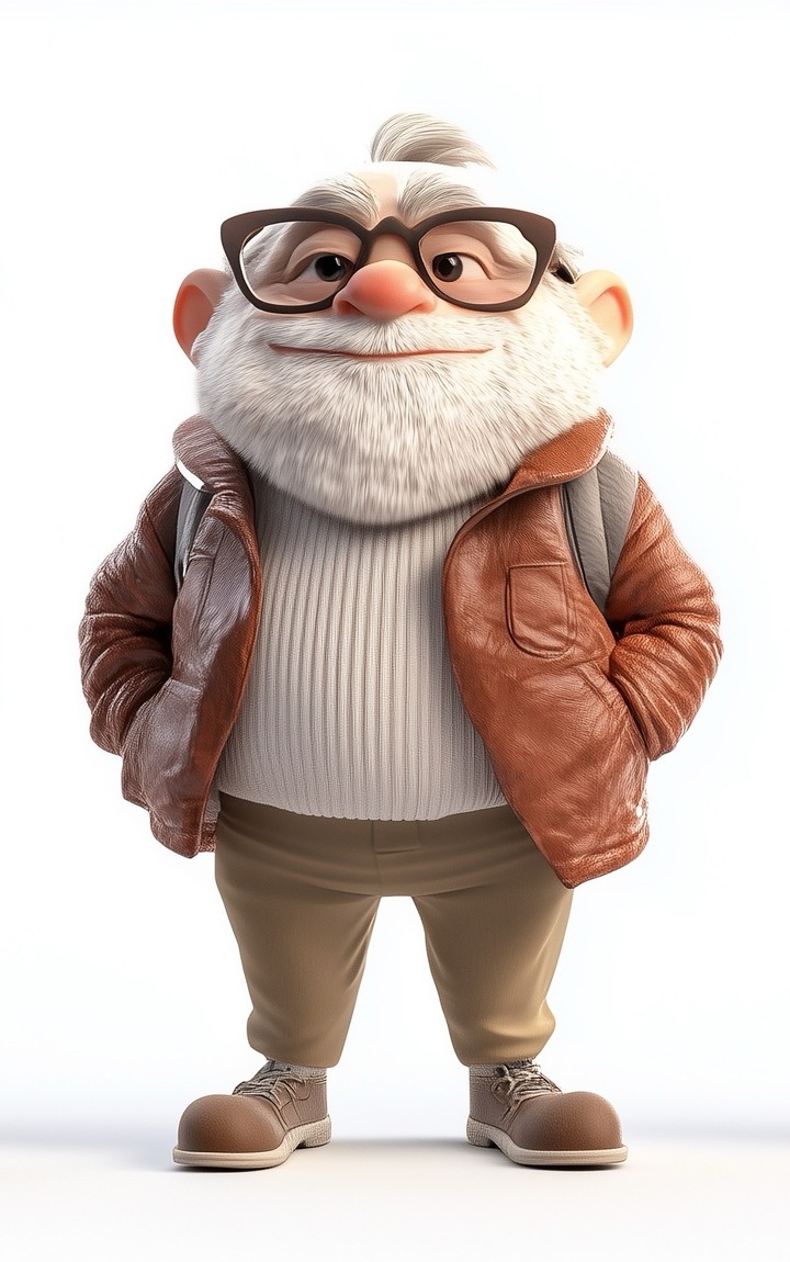 3D Render of Cute Funny Old Man Character with Round Glasses and White Beard