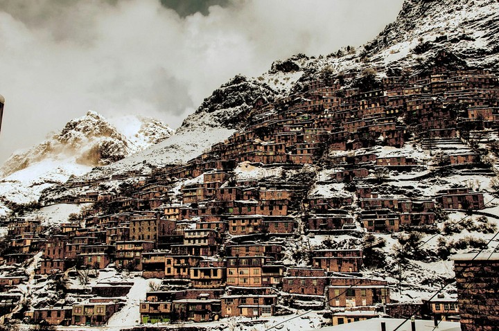 snow covered houses