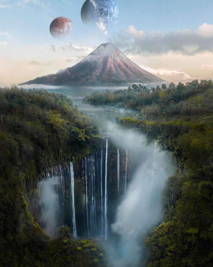 Volcano and other Moons and Waterfall