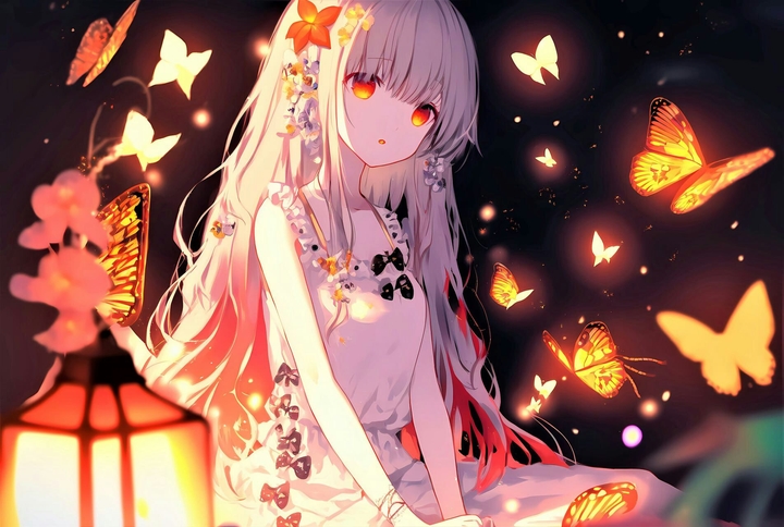 Anime girl with butterflies and glowing eyes