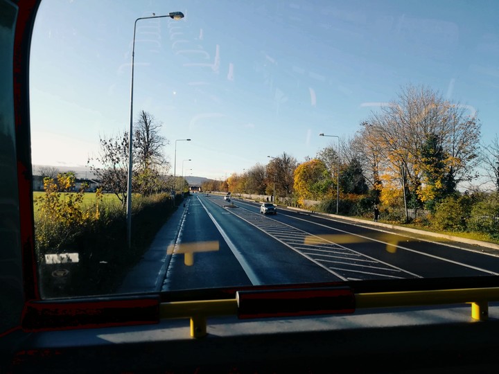 morning drive...reflections,empty bus..beautiful scenery