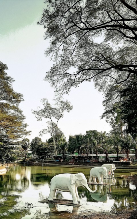 elephant statues in the pond