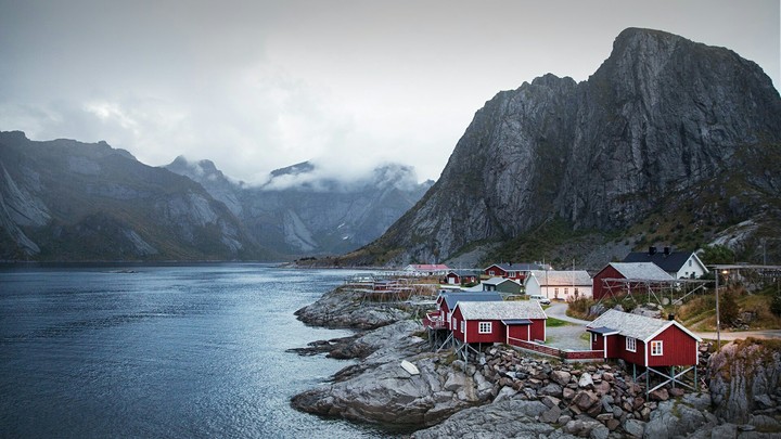 Red fishing hut on the Hamnoy island.