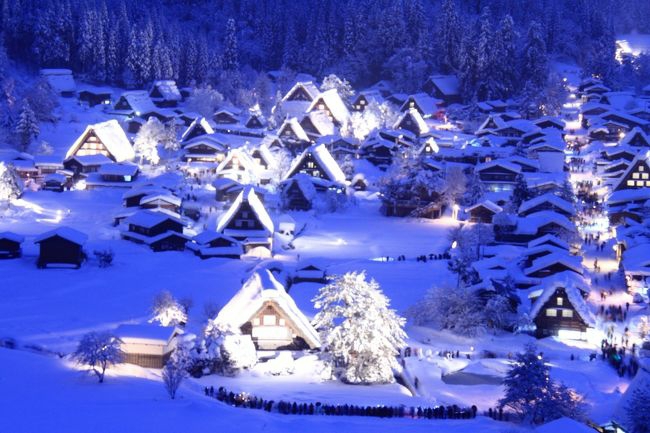 illuminated Shirakawa-go blanketed in snow