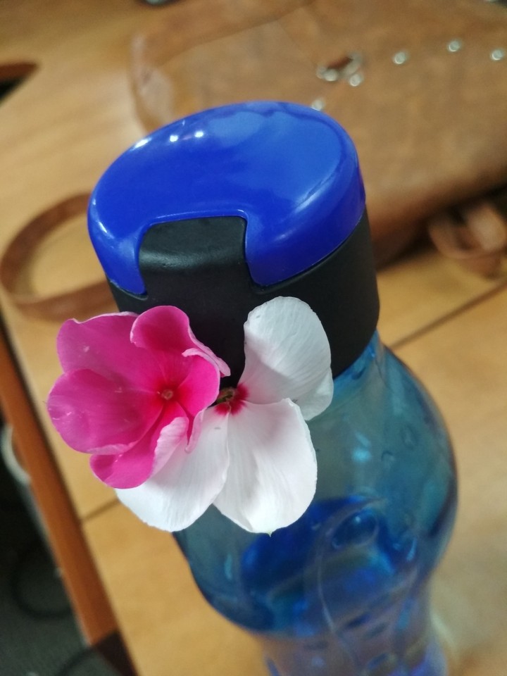 Cute little flowers on the blue bottle 