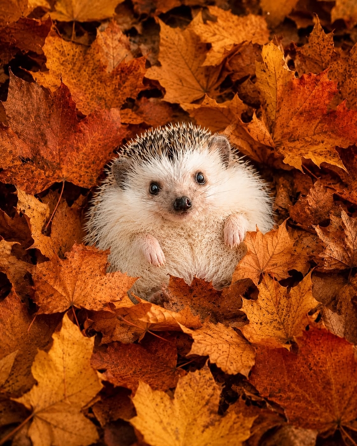 HEDGEHOG AMONG AUTUMN LEAVES