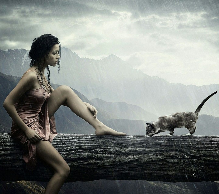 Alone girl and cat