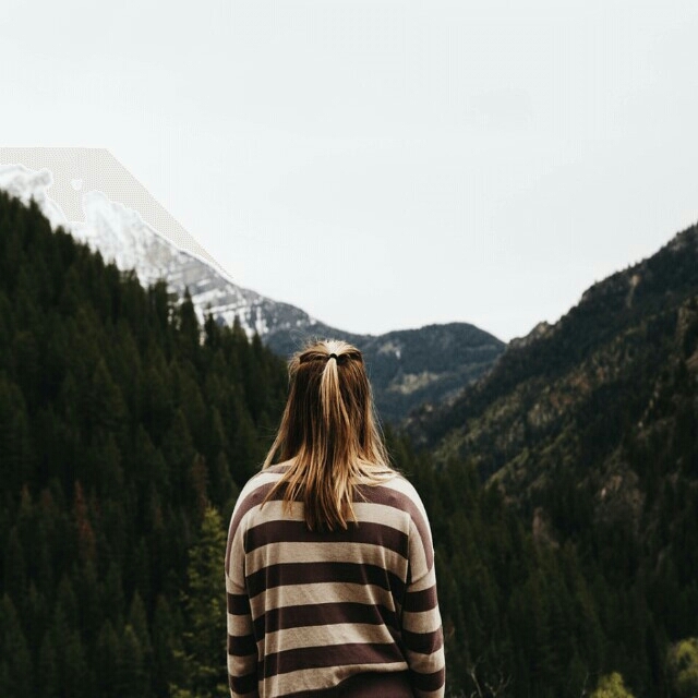 mountains, woman, clouds, tree, river, nature, landscape