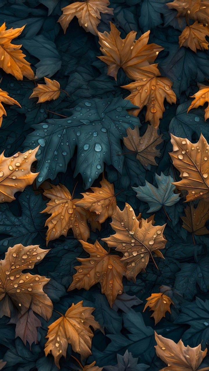 WET GOLD AND GREEN LEAVES