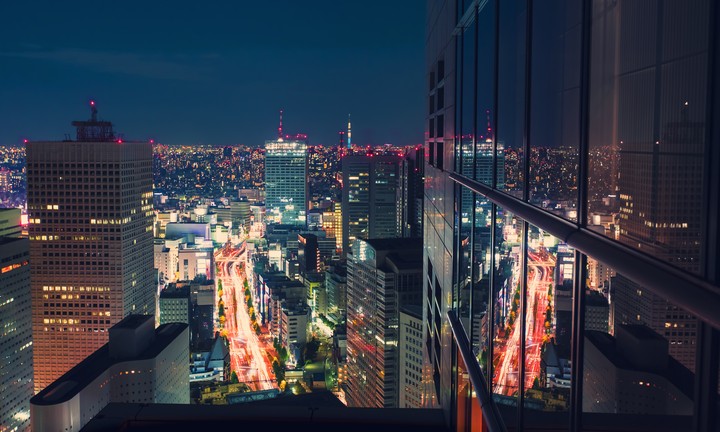 Aerial view cityscape at night in Tokyo, Japan.