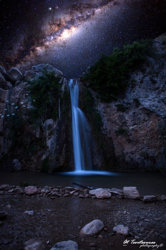 Beautiful night sky waterfall