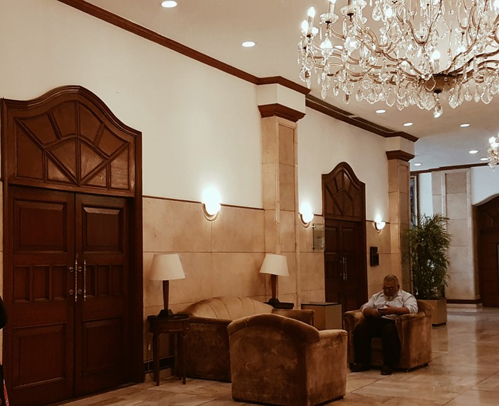 door and chandelier