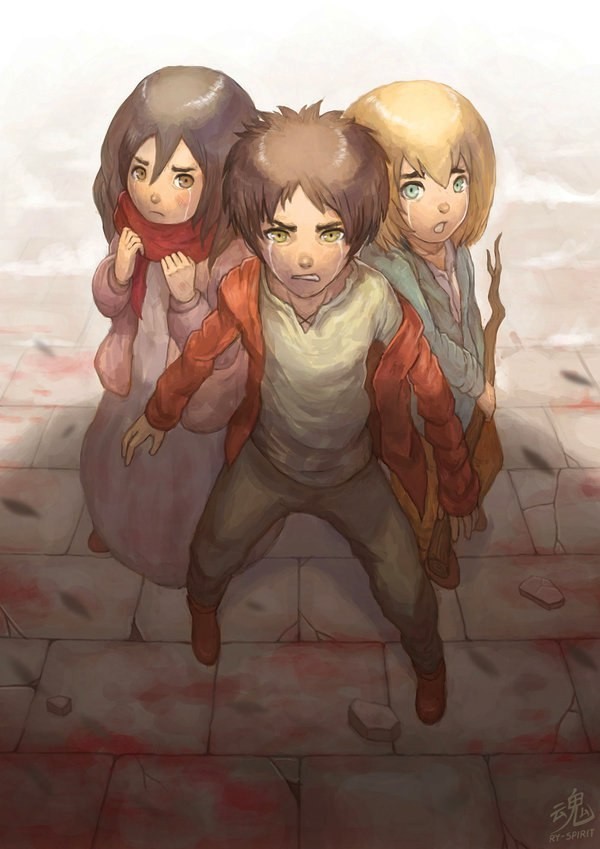 Eren Armin and Mikasa