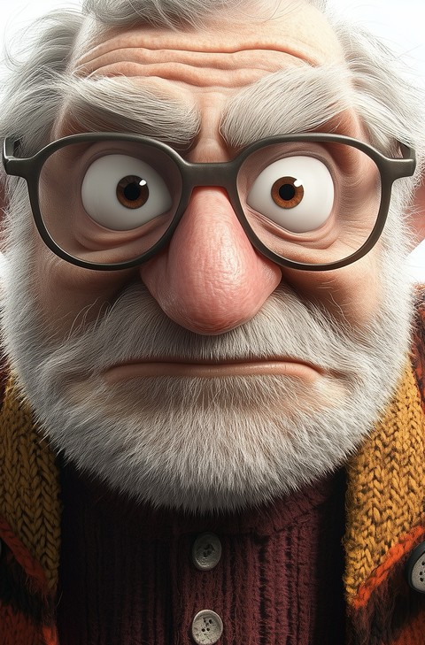 3D Render of Cute Funny Old Man Character with Round Glasses and White Beard