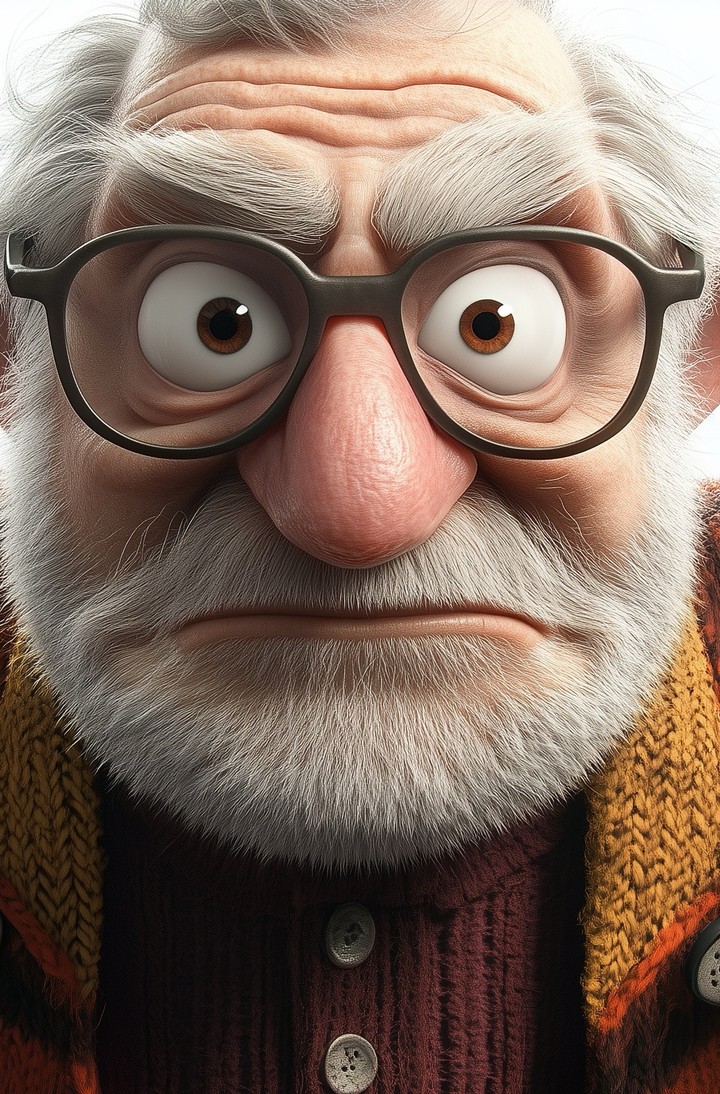 3D Render of Cute Funny Old Man Character with Round Glasses and White Beard