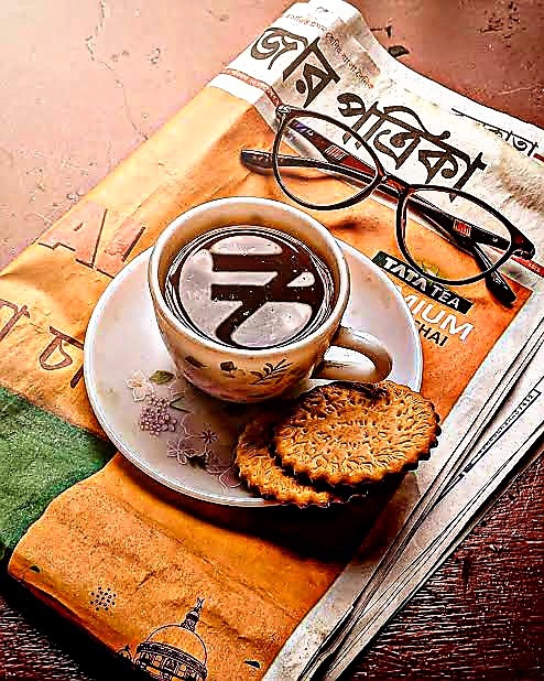 A cup of warm tea soaked in the freshness of the morning