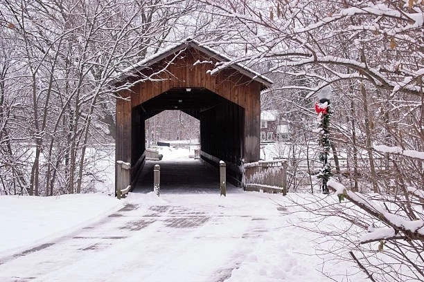 old covered bridge in winter