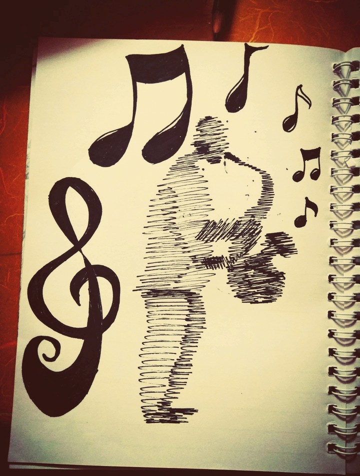 Sketch of a man lost in the melody of music