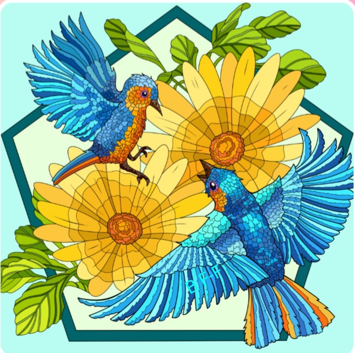 2 Fliegende Vögel mit Blumen