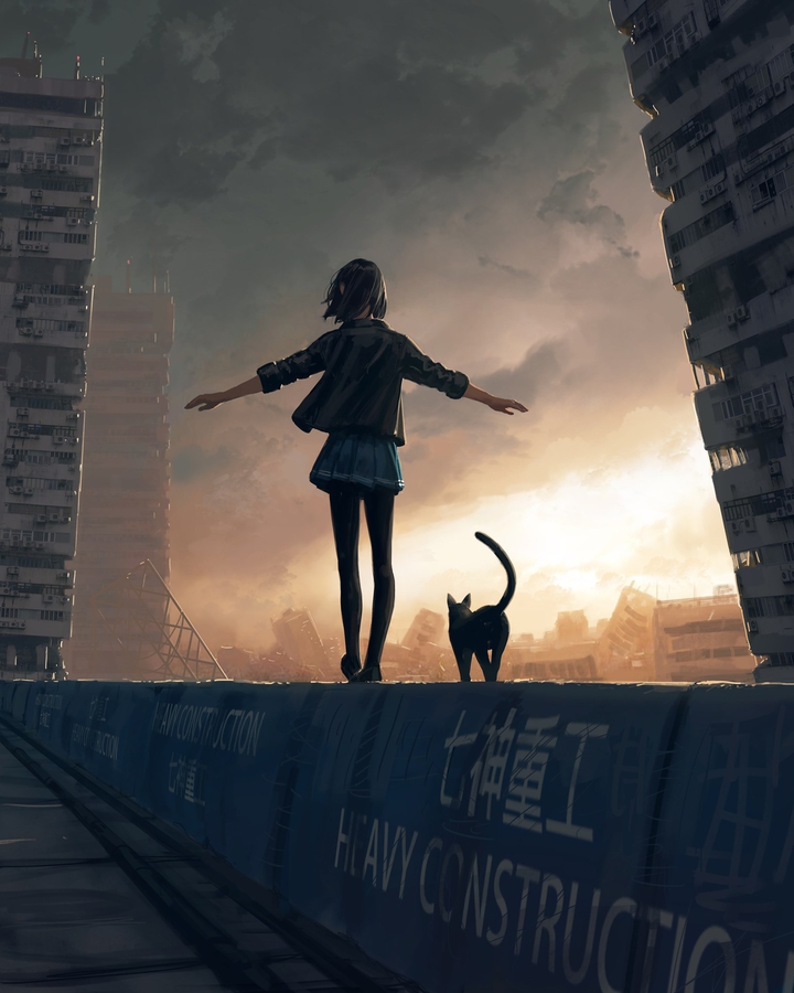 girl with cat by guweiz