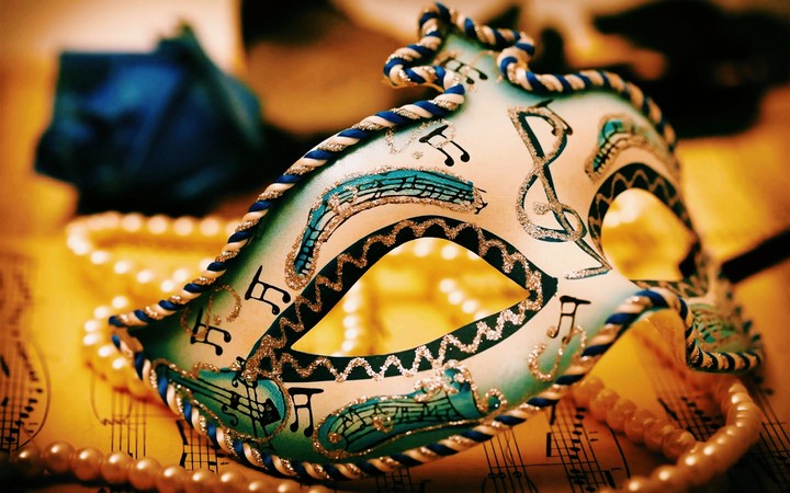 Musically Based Venetian Mask with Pearl and Rose Accents.
