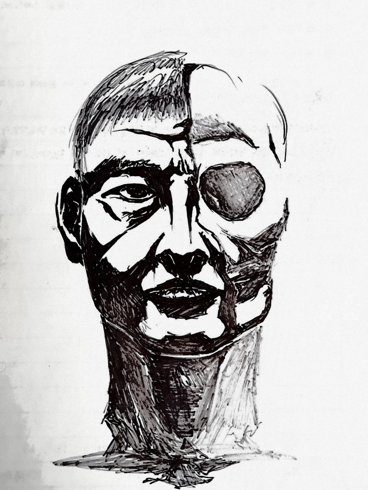 half skull man with marker pen