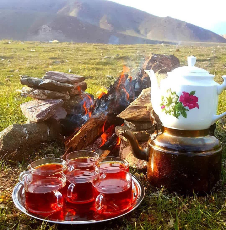 Drinking tea in the mountains