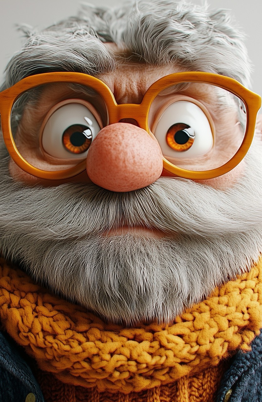 Close up portrait of a funny elderly male character with big eyes, round dark glasses, and a white b
