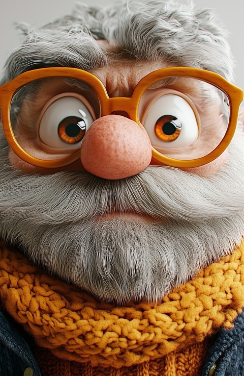 Close up portrait of a funny elderly male character with big eyes, round dark glasses, and a white b