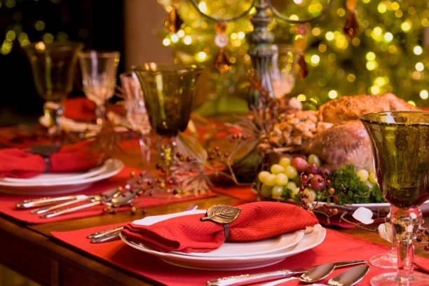 table set for Christmas dinner