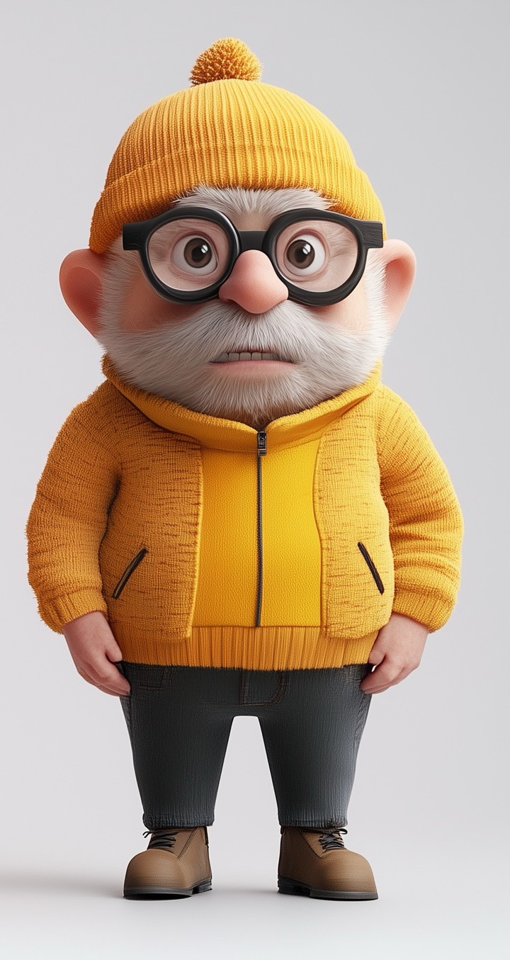 3D Render of Cute Funny Old Man Character with Round Glasses and White Beard