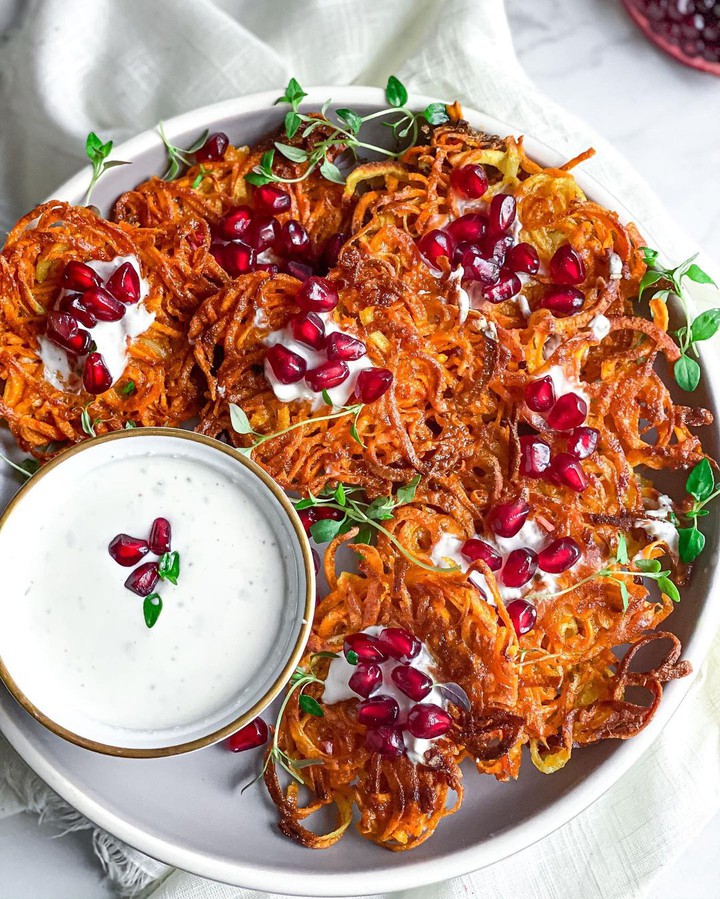sweet potatoes latkes with vegan yogurt creme