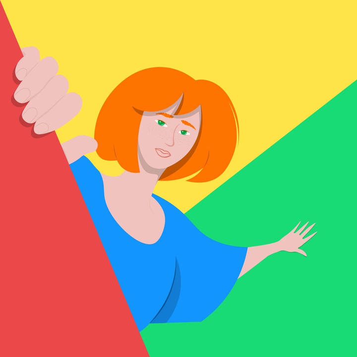 redheaded girl looking out of abstract shapes