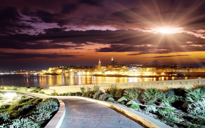 City Night City Lights Buildings River Beach Walking Paths