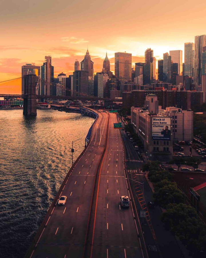 Manhattan road in sunrise