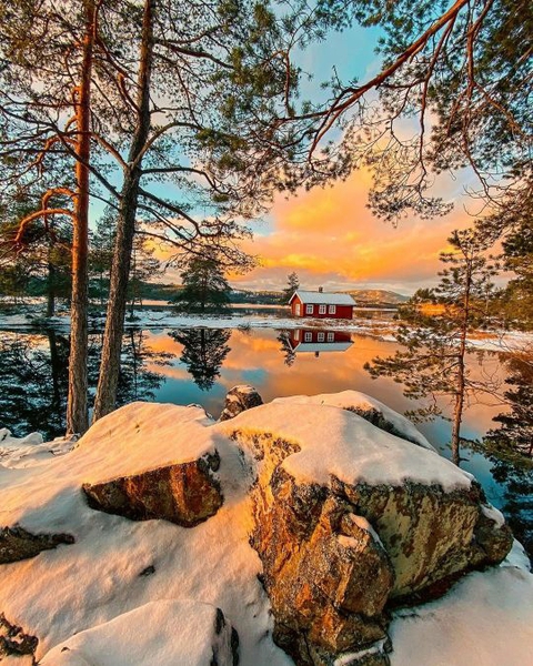 Red cabin on the lake - winter