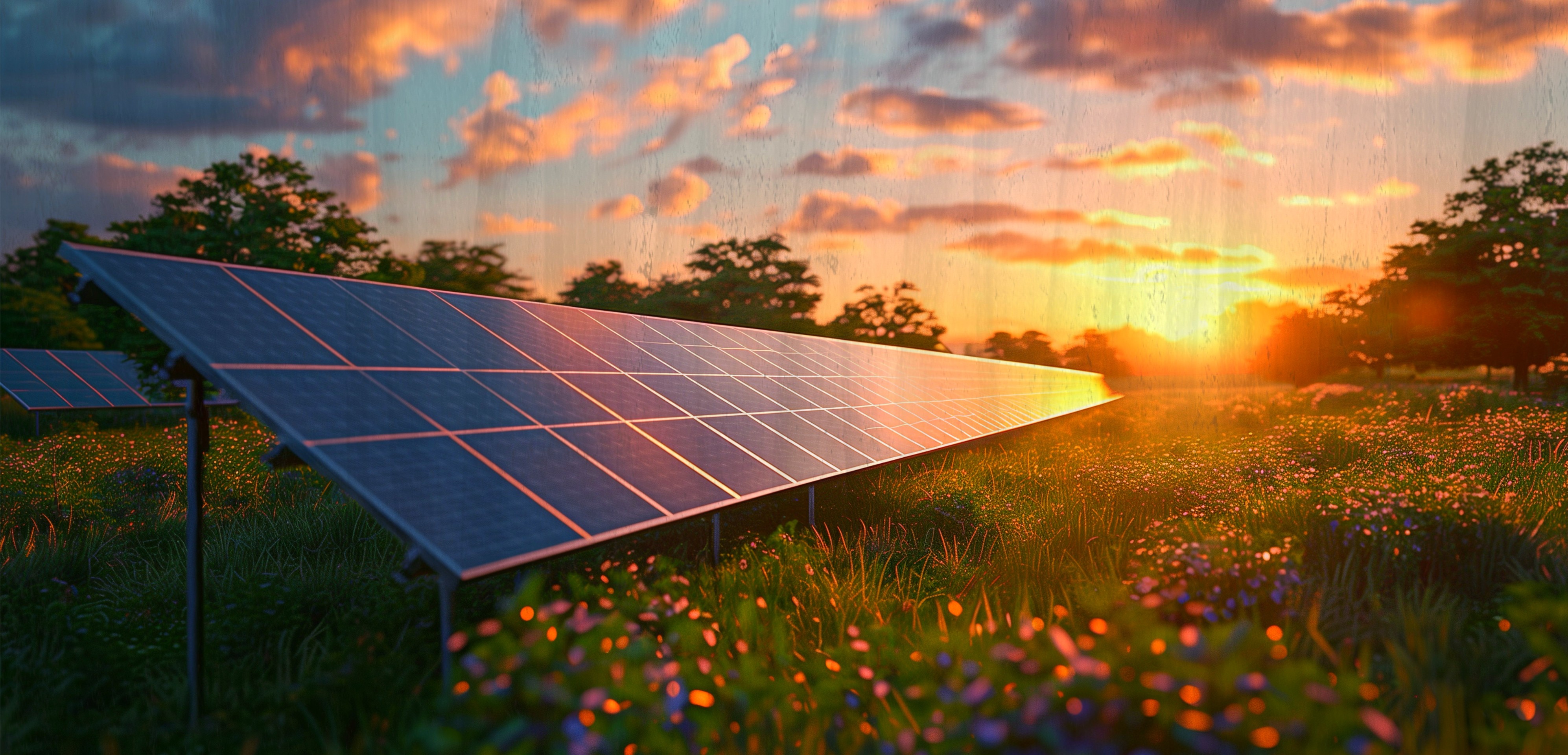 A serene rural landscape featuring a large solar panel array bathed in the warm, golden light of sun