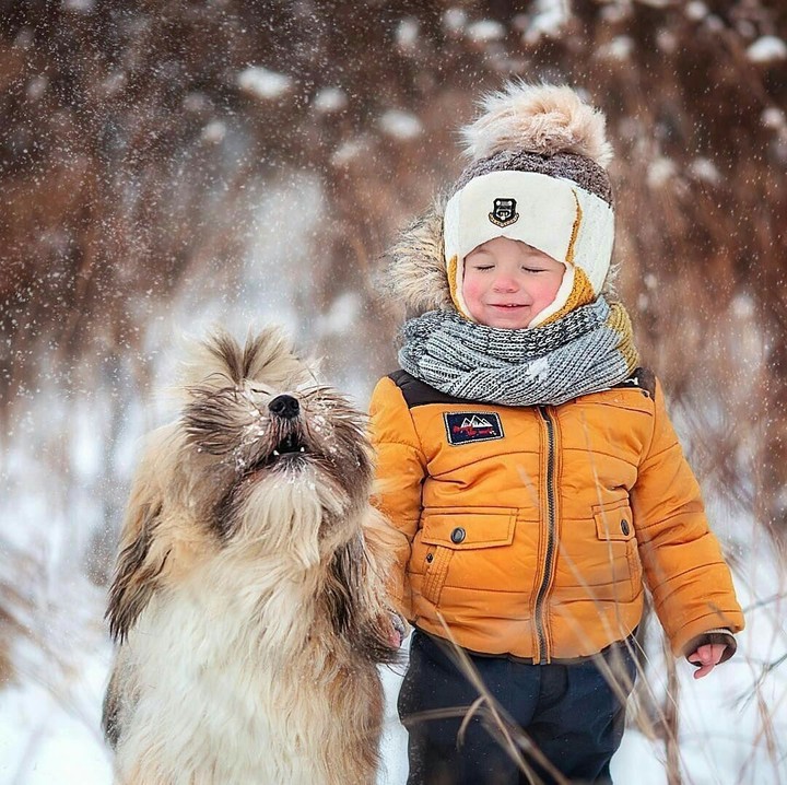 Petite fille s amusant avec son chien dans la neige !!!!