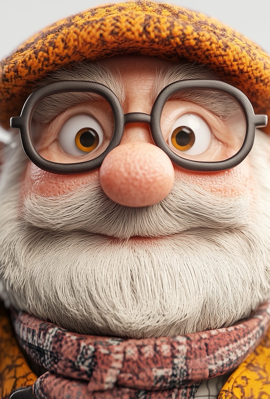 Close up portrait of a funny elderly male character with big eyes, round dark glasses, and a white b