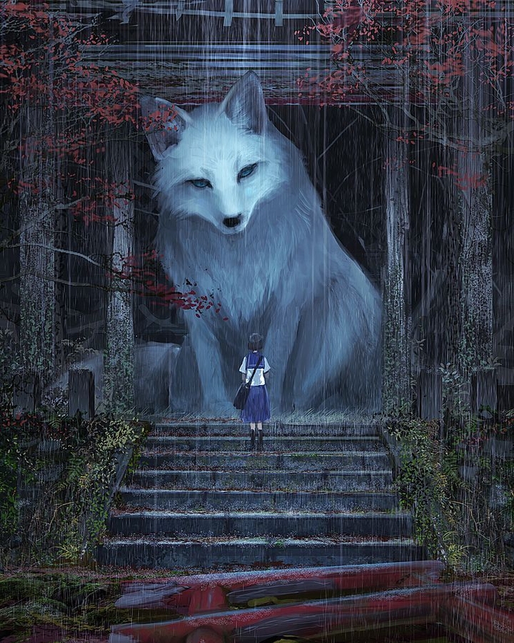 Anime Girl And Big White Fox
