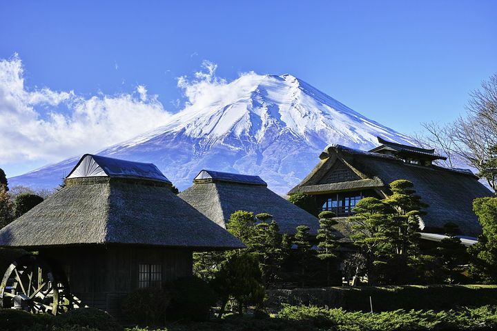 thatched cottages at foot of Mt Fuji
