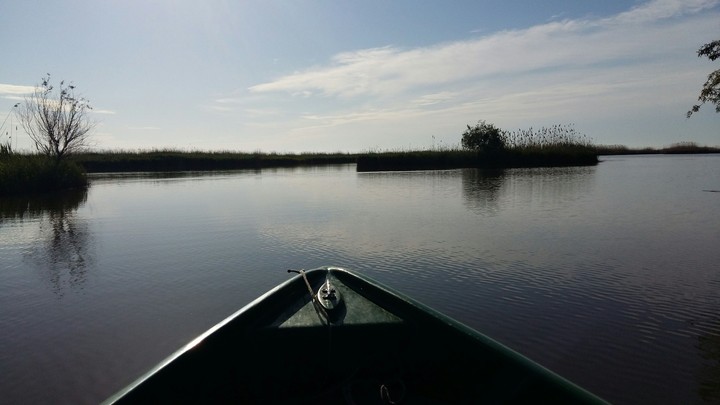 a little boat on the huge Razelm lake