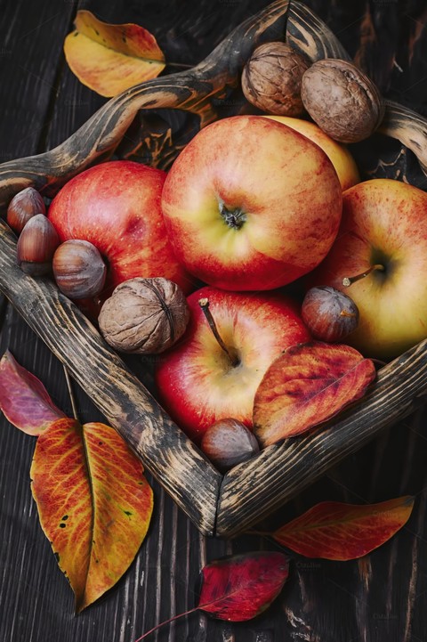 WALNUTS, APPLES and LEAVES