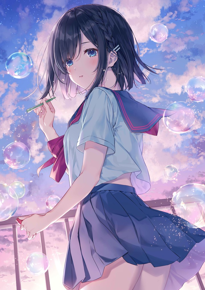 cute anime girl blue eyes short hair bewitching thighs